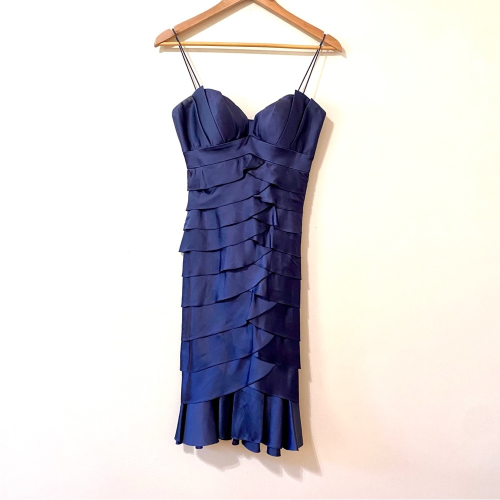 Aidan Mattox Formal Shift Dress Navy Blue Silk Ruffle Mermaid Size 2